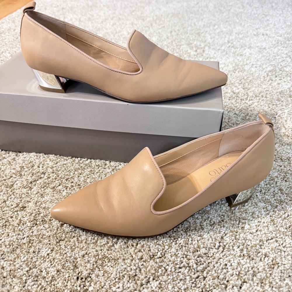 Franco Sarto Vianna Mocha Leather Pointed Toe Metallic Block Heel Loafers‎ 6.5M